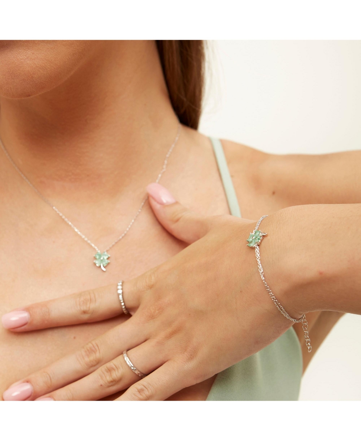 Sterling Silver Four Leaves Clover Bracelet - Green