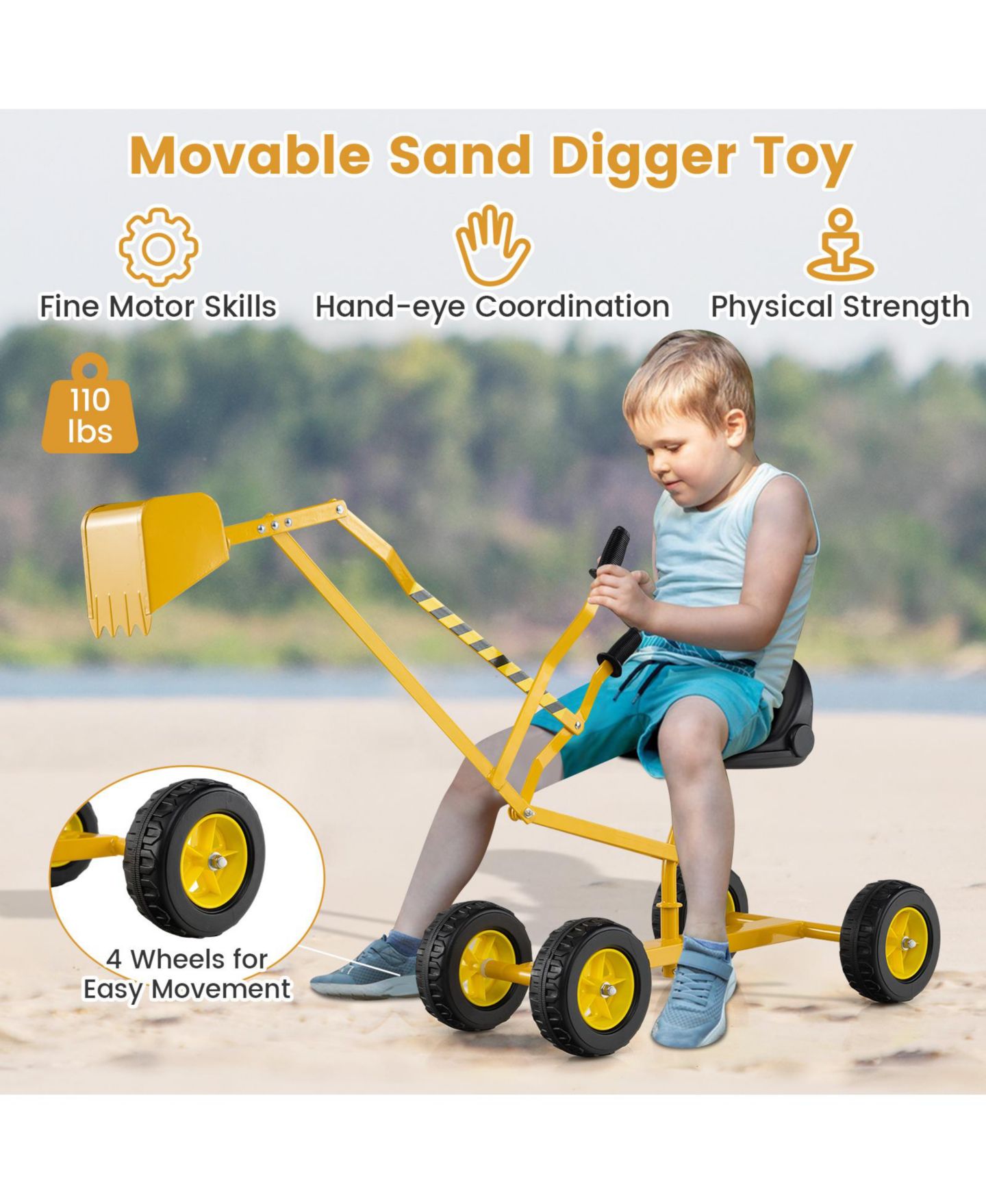 Детская игрушка SUGIFT 360°-Rotating Metal-Frame Ride-On Sand Digger, 110 lbs Capacity, Ages 3+, цвет: Жёлтый — фото 9