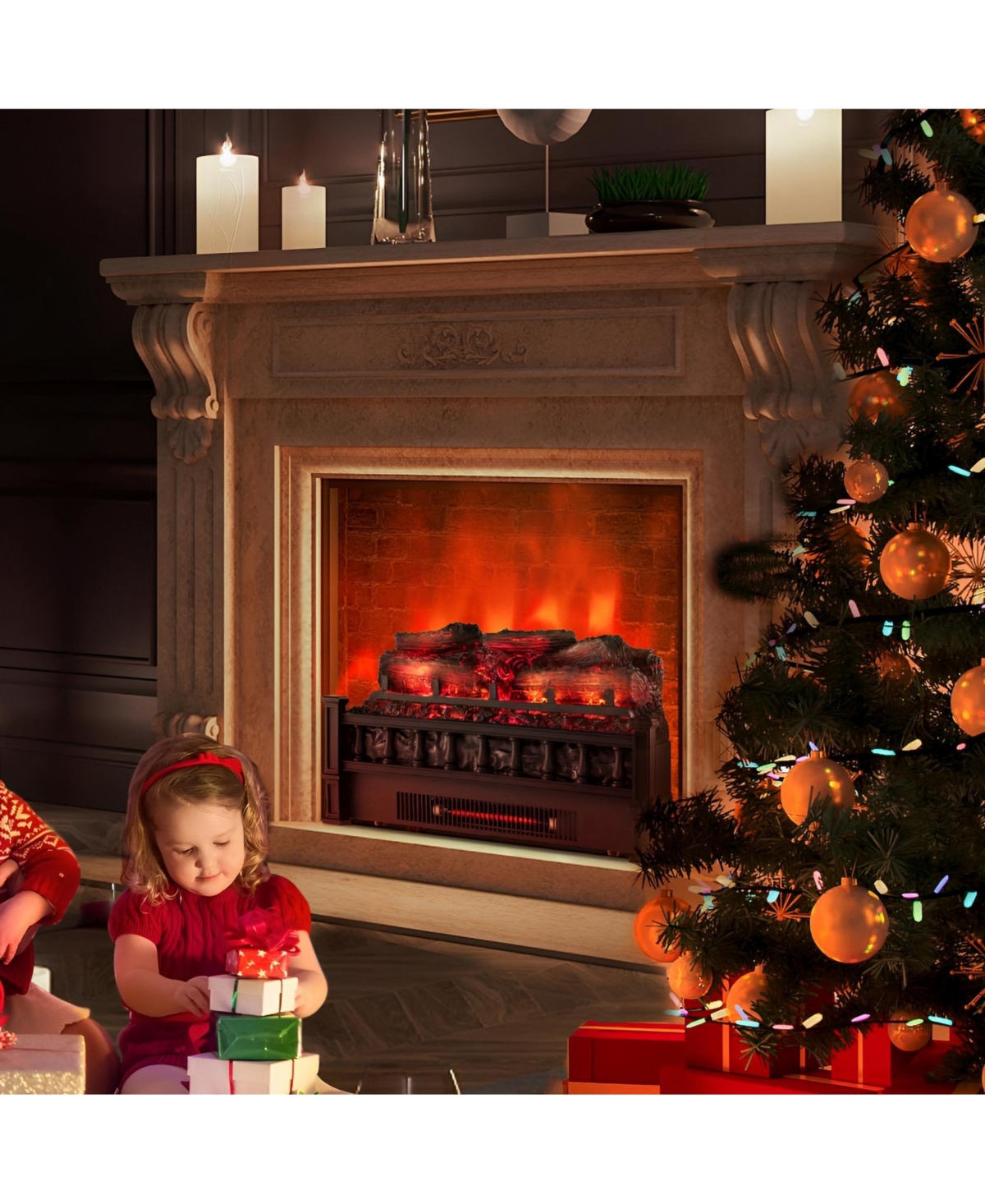 Sugift 20 Inch Electric Fireplace Heater with Realistic Pinewood Ember Bed