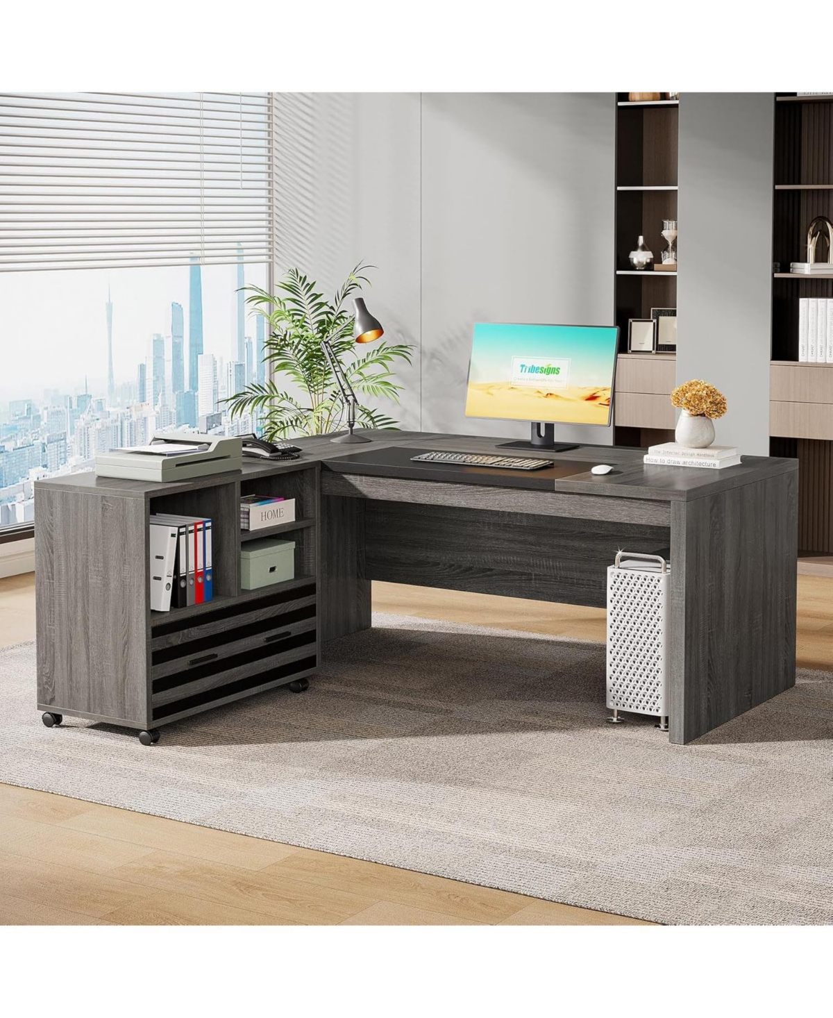 Tribesigns 62.2" Gaming Table,Executive Desk with Mobile File Cabinet, L-Shaped Office Desk with Storage Shelves