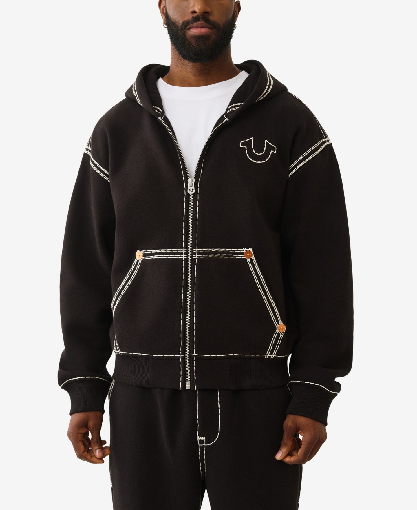 Мужское худи True Religion Super Long-Sleeve Zip-Up, цвет: Угольно-чёрный — фото 1