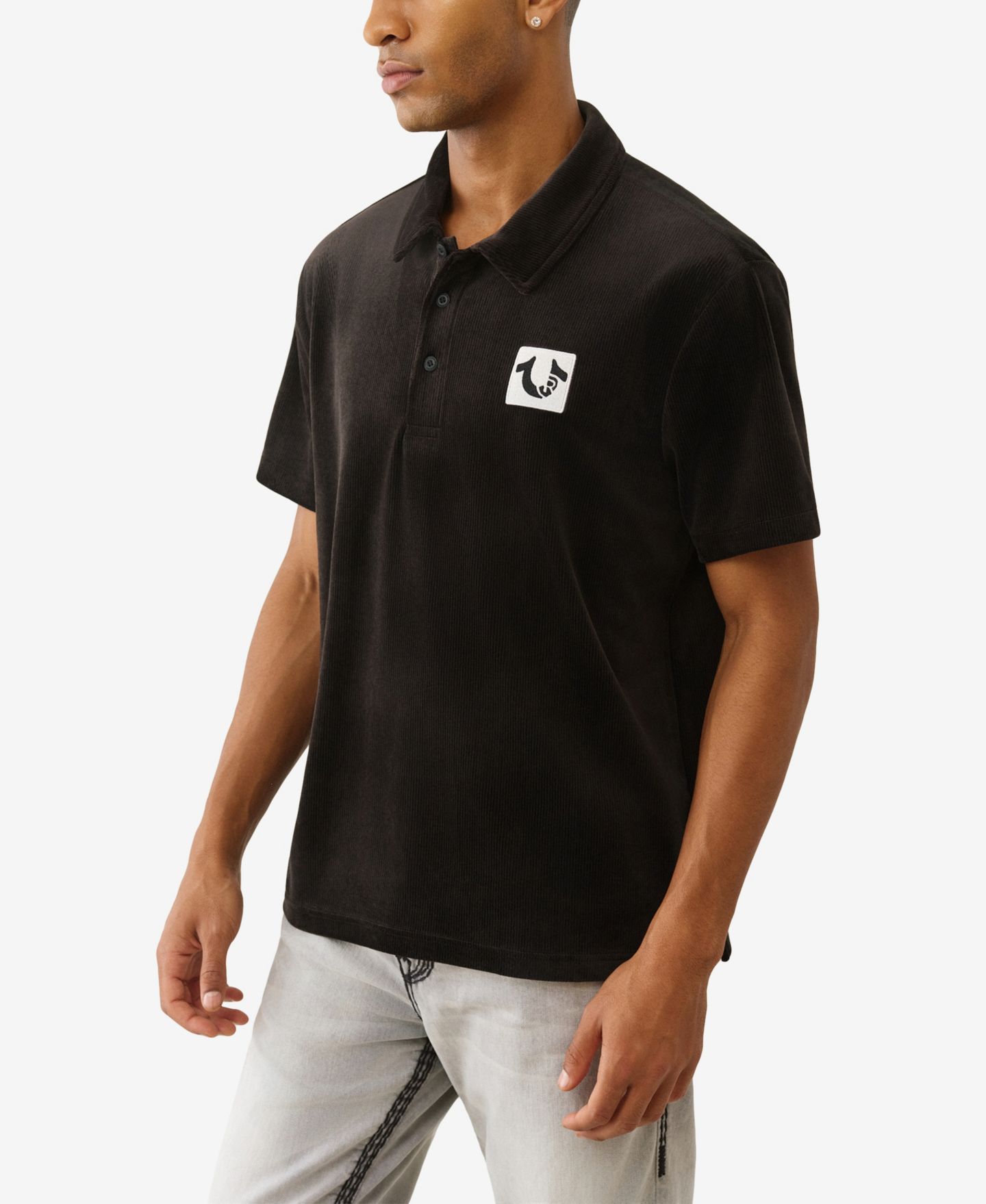 Мужское поло True Religion Short-Sleeve Velour Polo Shirt, цвет: Угольно-чёрный — фото 2