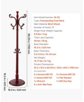 Wooden Freestanding Coat Rack with Large Base and 11 Hooks