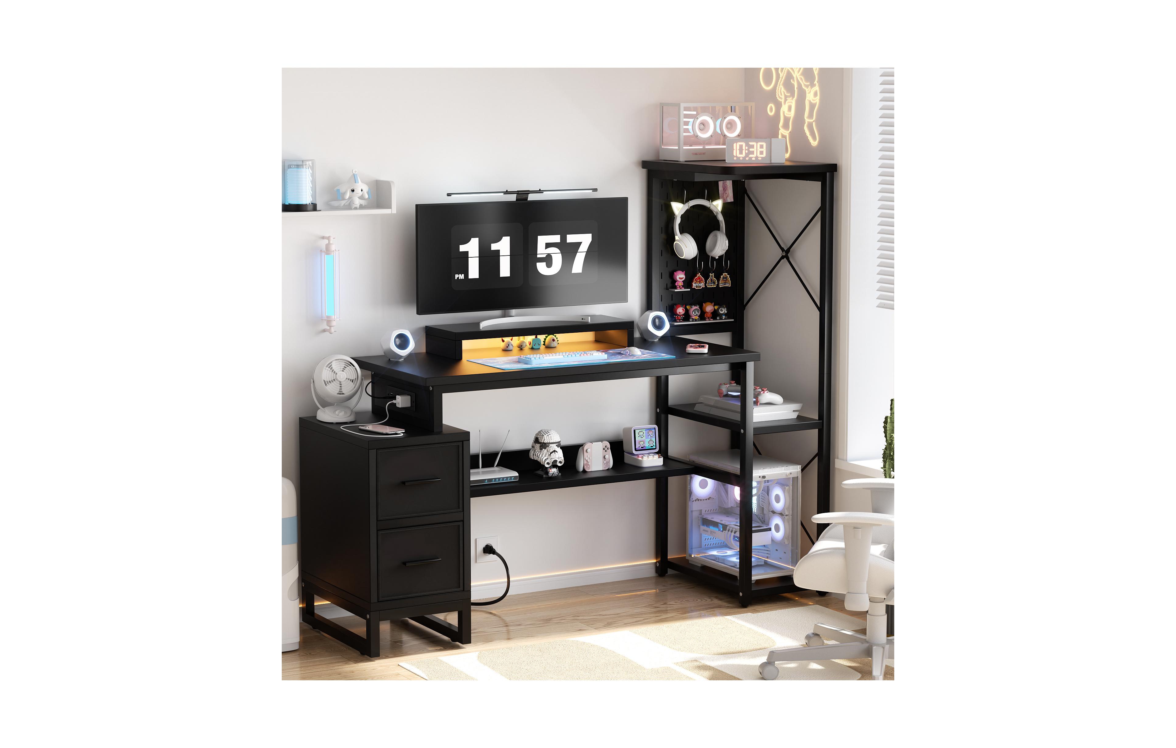 Gaming Desk with 2 Fabric Drawers and Led Lights, Reversible Computer Desk with Outlets & Diy Pegboard