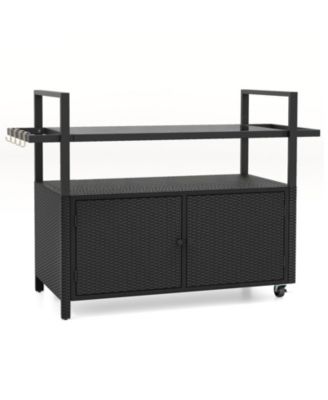 Outdoor Bar Cart Wicker Buffet Serving Cart with Cabinet and 8 Hooks.