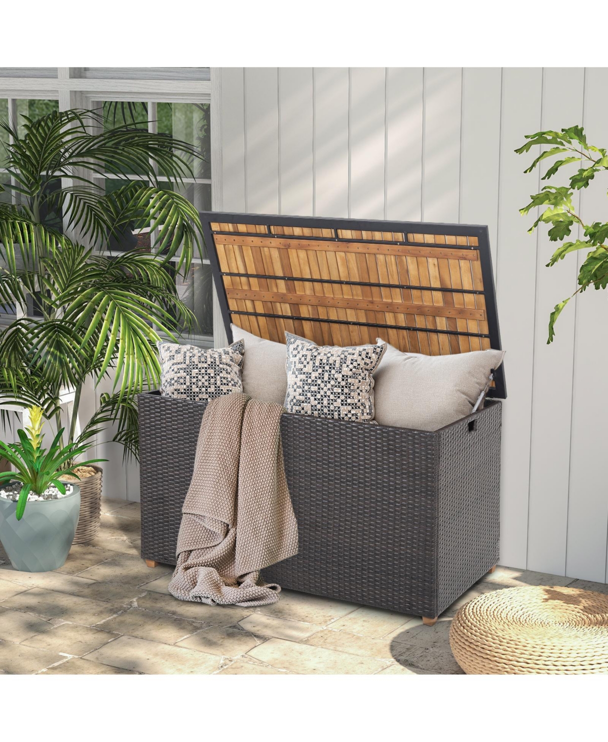 Sugift 134 Gallon Rattan Storage Box With Zippered Liner And Solid Acacia Wood Top.