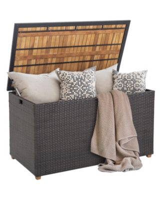 134 Gallon Rattan Storage Box With Zippered Liner And Solid Acacia Wood Top.