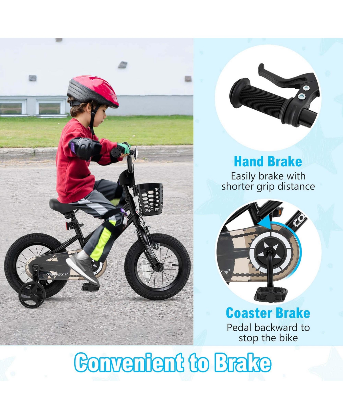 Costway 12" Kid s Bike with Training Wheels Adjustable Handlebar & Seat Handbrake