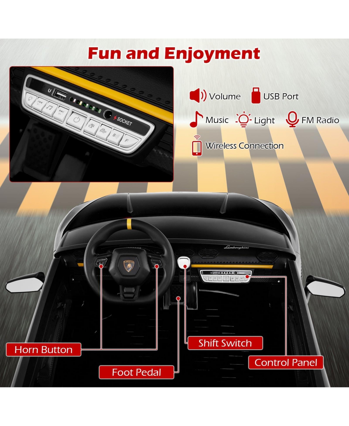 Mecale 24V Ride on Car for Kids 4WD 2-Seater Licensed Lamborghini Electric Vehicles with Music