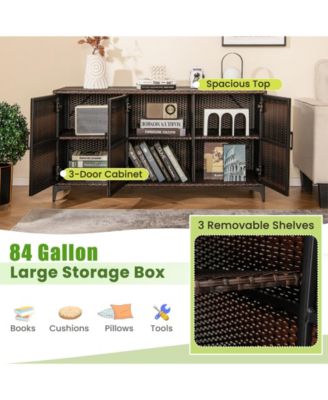Sugfit 84 Gallon Patio Wicker Deck Box 3-Door PE Rattan Storage Container with Removable Shelves-Brown