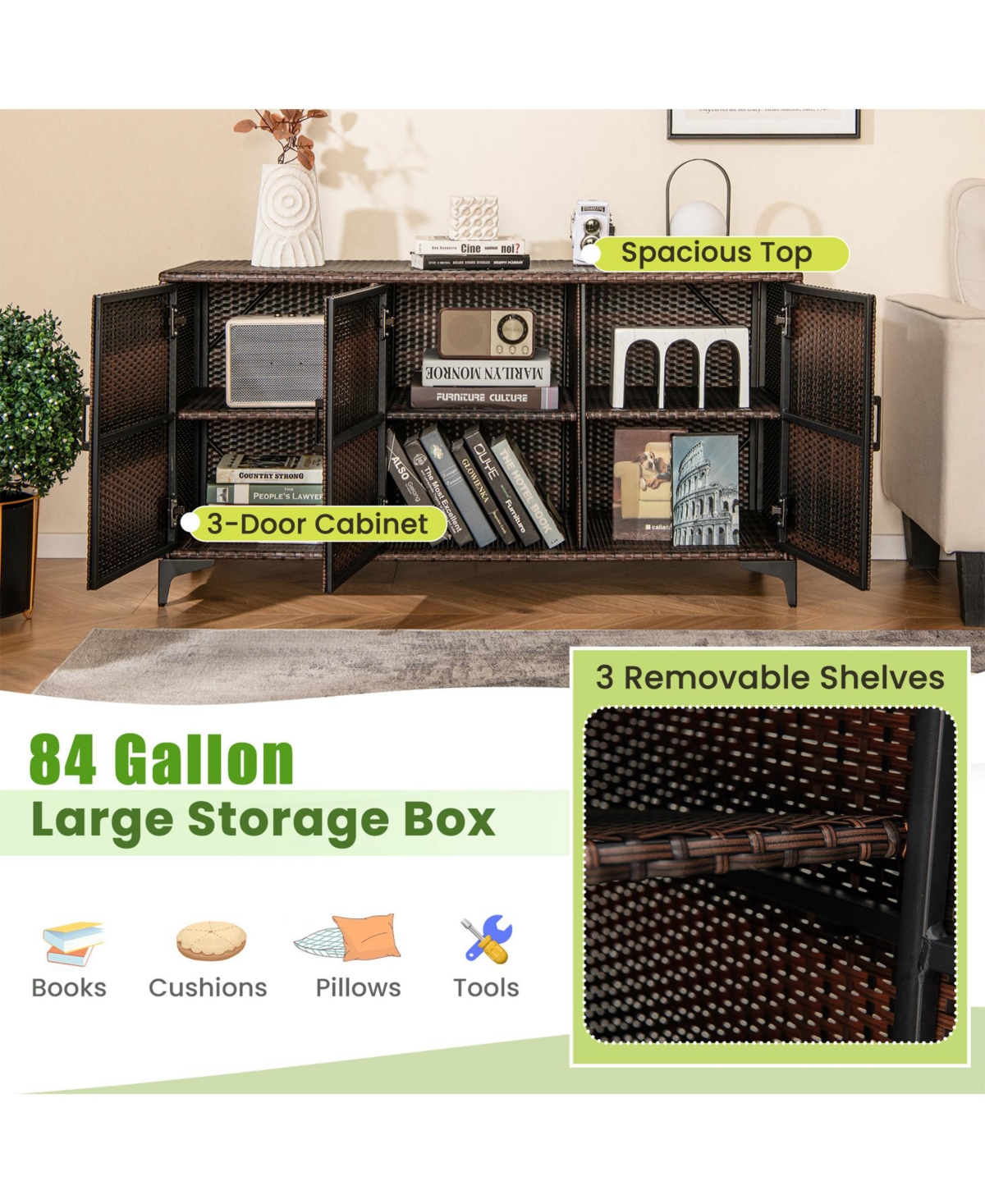 Sugfit 84 Gallon Patio Wicker Deck Box 3-Door Pe Rattan Storage Container with Removable Shelves-Brown