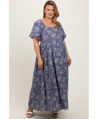 Plus Size Floral Mesh Square Neck Short Puff Sleeve Midi Dress