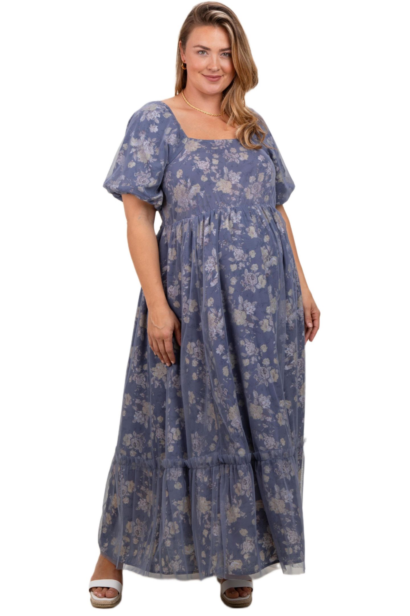 Женское платье Pinkblush Maternity Floral Mesh Square Neck Short Puff Sleeve Midi, цвет: Тёмно-синий — фото 2