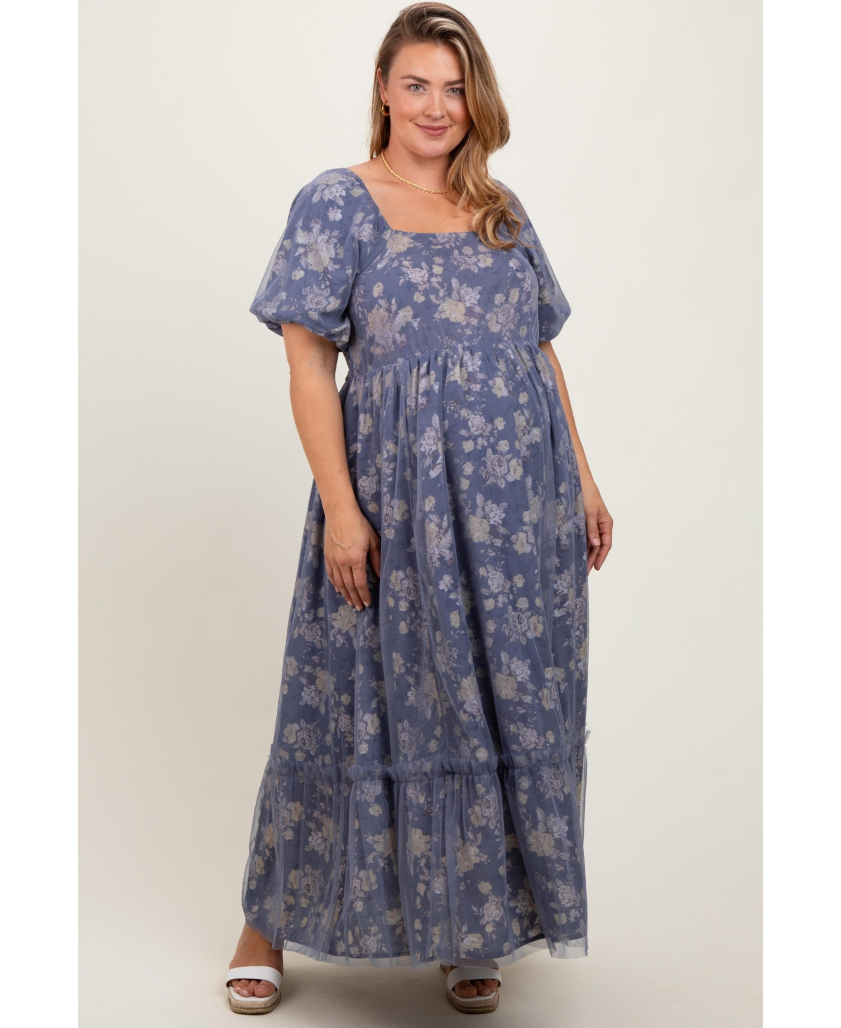 Pinkblush Plus Floral Mesh Square Neck Short Puff Sleeve Midi Dress