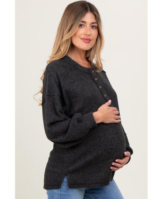 Maternity Oversized Ribbed Knit Henley Sweater
