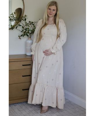 Maternity Cream Long Sleeve Floral Accent Dress