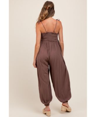 Maternity Mocha Smocked Button Front Shoulder Tie Jumpsuit