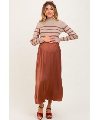 Maternity Brown Striped Contrast Sweater Top Maxi Dress