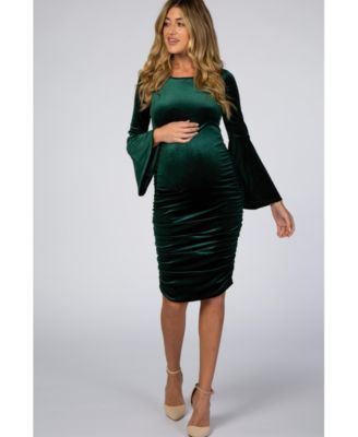 Maternity Forest Green Velvet Ruched Bell Sleeve Dress
