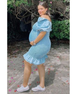 Maternity Light Blue Square Neck Smocked Denim Dress