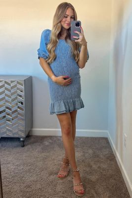 Maternity Light Blue Square Neck Smocked Denim Dress