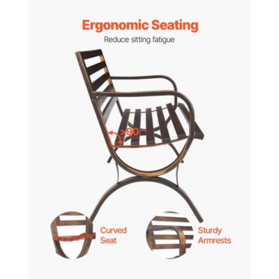 Outdoor Patio Bench with Metal Frame and Slatted Backrest.