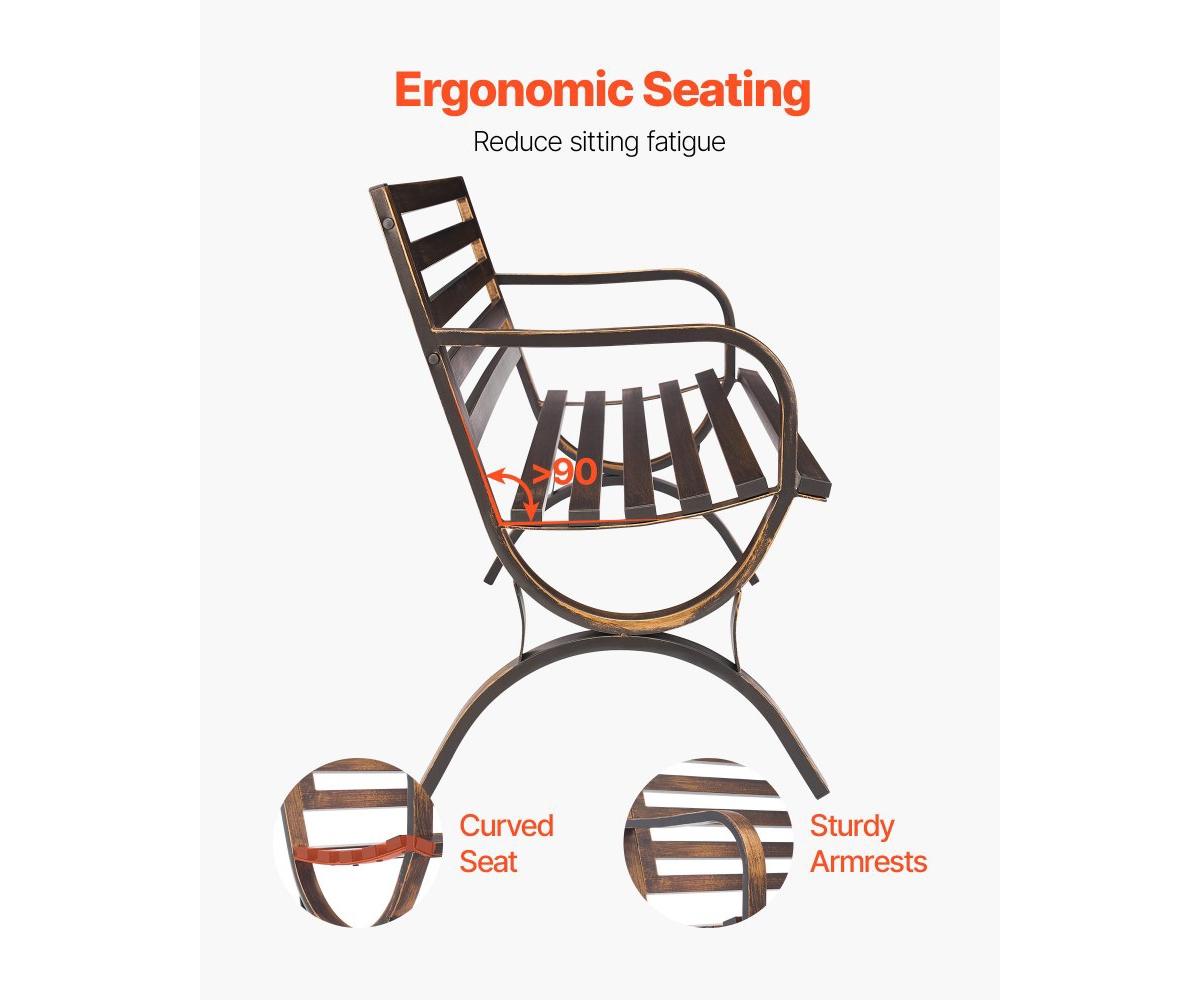 Slickblue Outdoor Patio Bench with Metal Frame and Slatted Backrest.