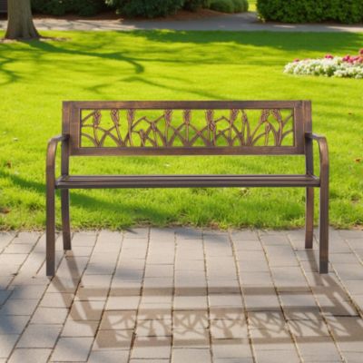Sturdy Metal Patio Bench with Decorative Floral Backrest
