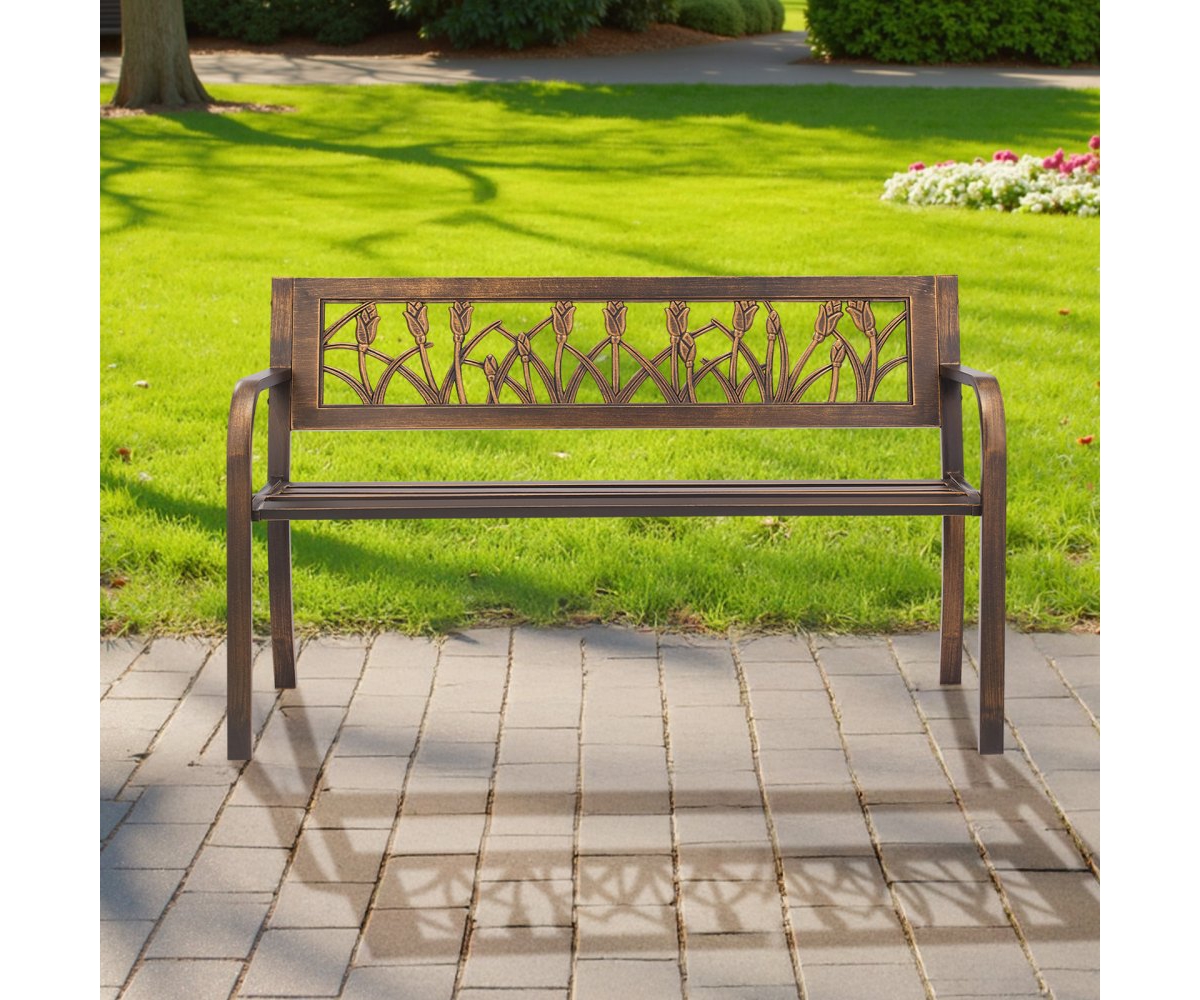Slickblue 50" Outdoor Patio Bench with Metal Frame and Pvc Floral Backrest