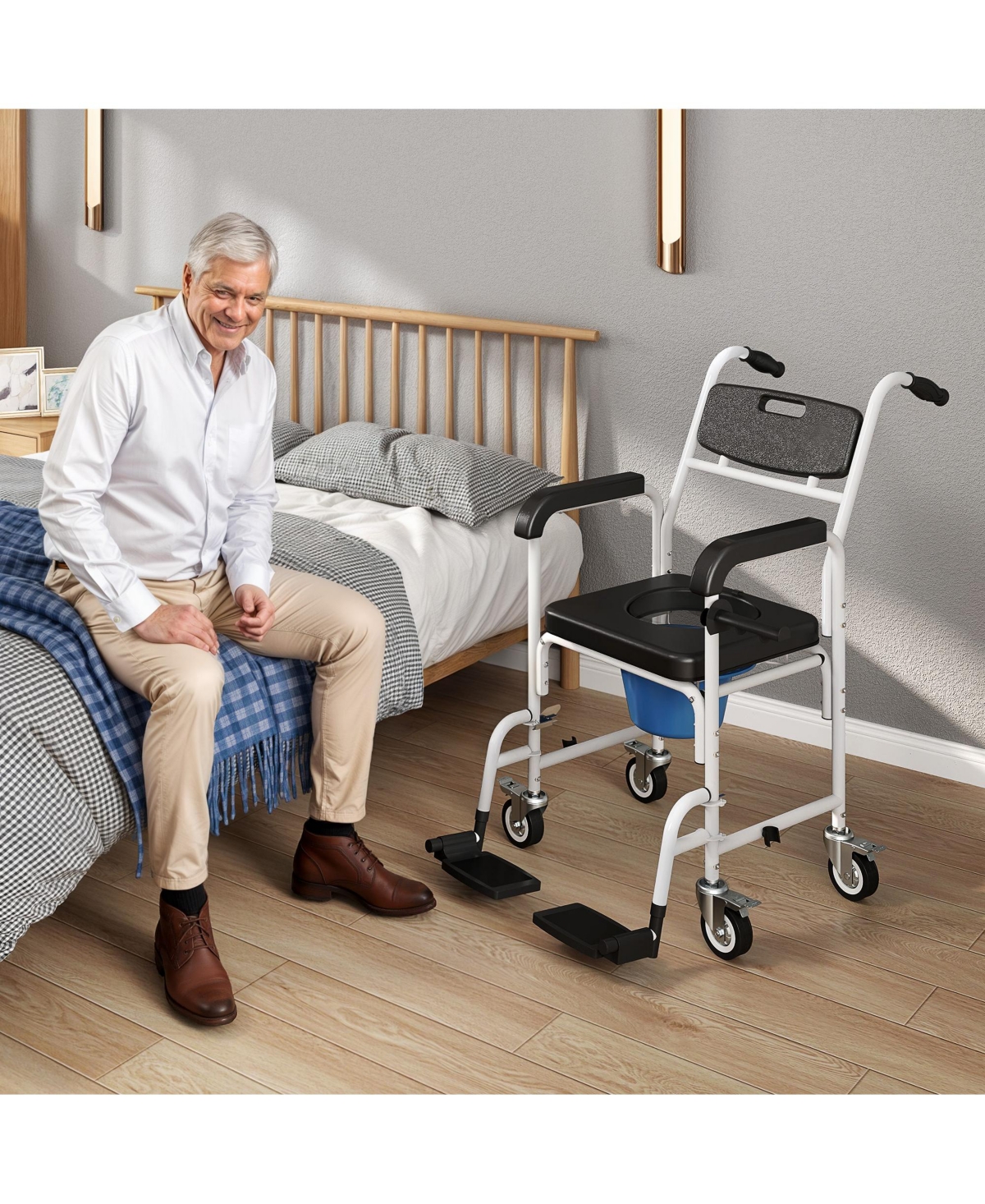 Shower Chair with Wheels, Bedside Commode Wheelchair for Seniors,