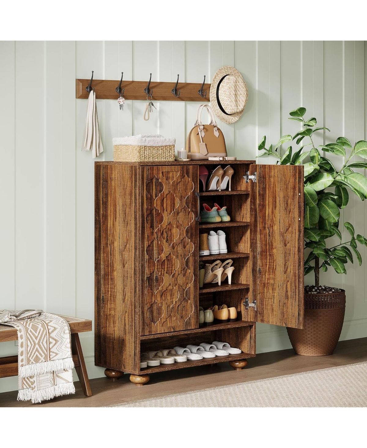 Tribesigns Shoe Cabinet with Doors, 6-Tier Shoe Rack with Adjustable Shelves and Solid Wood Feet