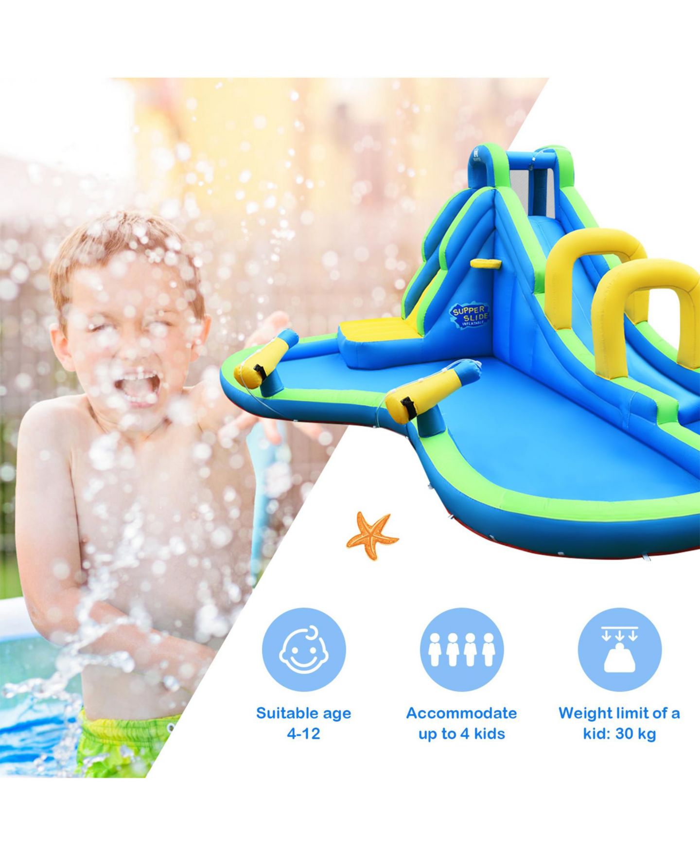 Детская игрушка SUGIFT Inflatable Water Slide Bounce House with Climbing Wall & Water Cannons, Accommodates Up To 4 Kids, Ages 4-12, цвет: Синий — фото 4