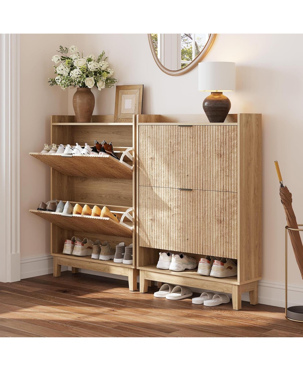 Tribesigns Narrow Shoe Cabinet with 2 Flip Drawers, Hidden Shoe Storage with Open Shelf, 31.5" Wide