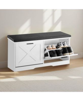 1-Pc Wooden Shoe Rack Bench – Padded Seat & Flip Drawer Storage Organizer