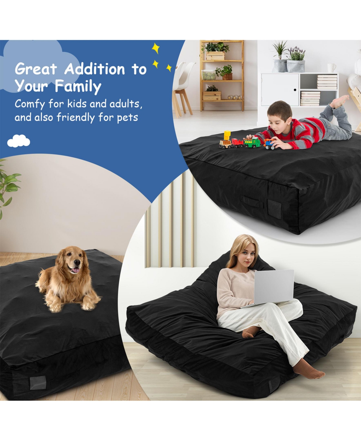 Sugift 57 x 57 Inch Crash Pad Sensory Mat with Foam Blocks and Washable Velvet Cover-Black