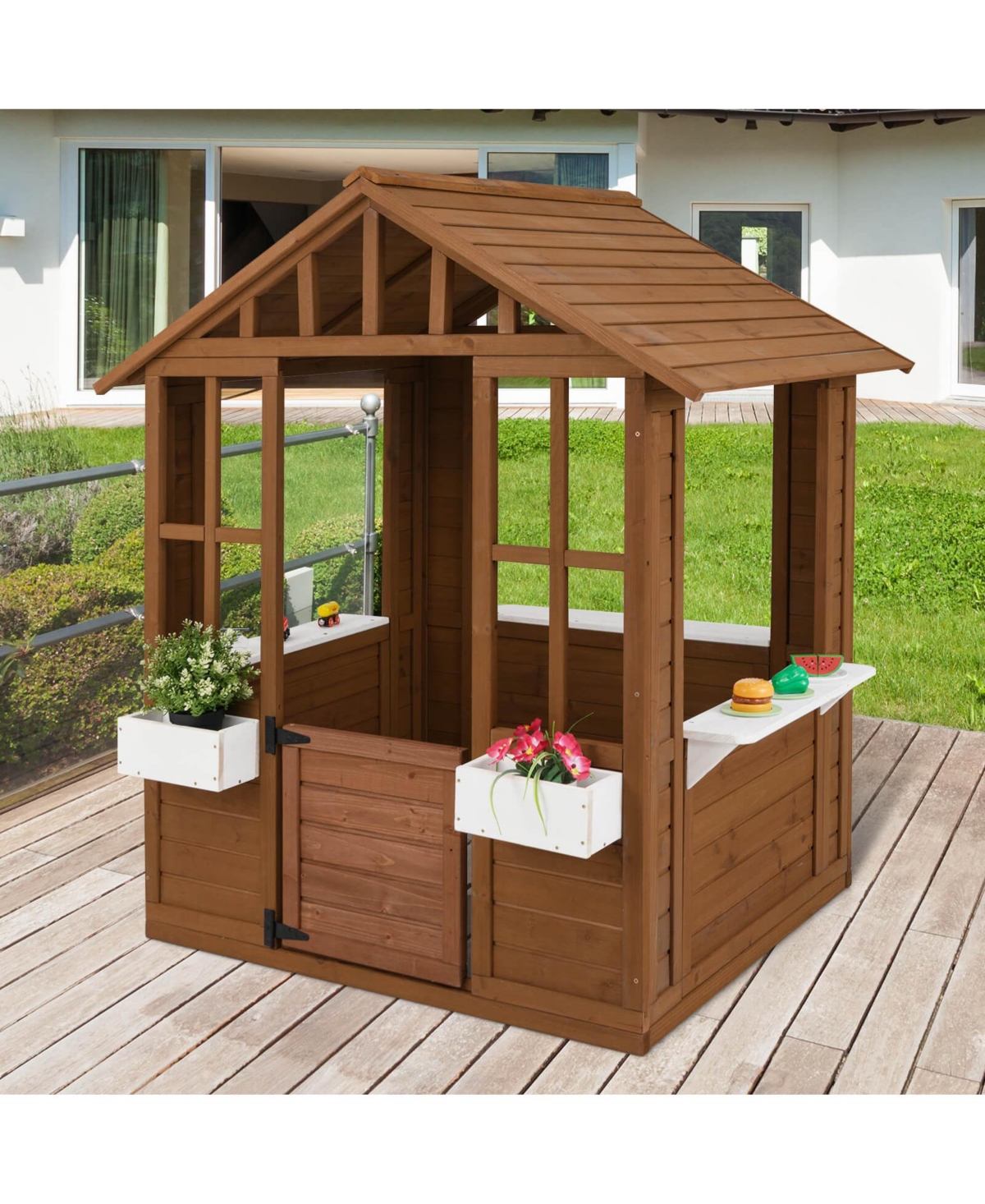 Outdoor Playhouse Wood Adventures Cottage with Serving Stations & Door