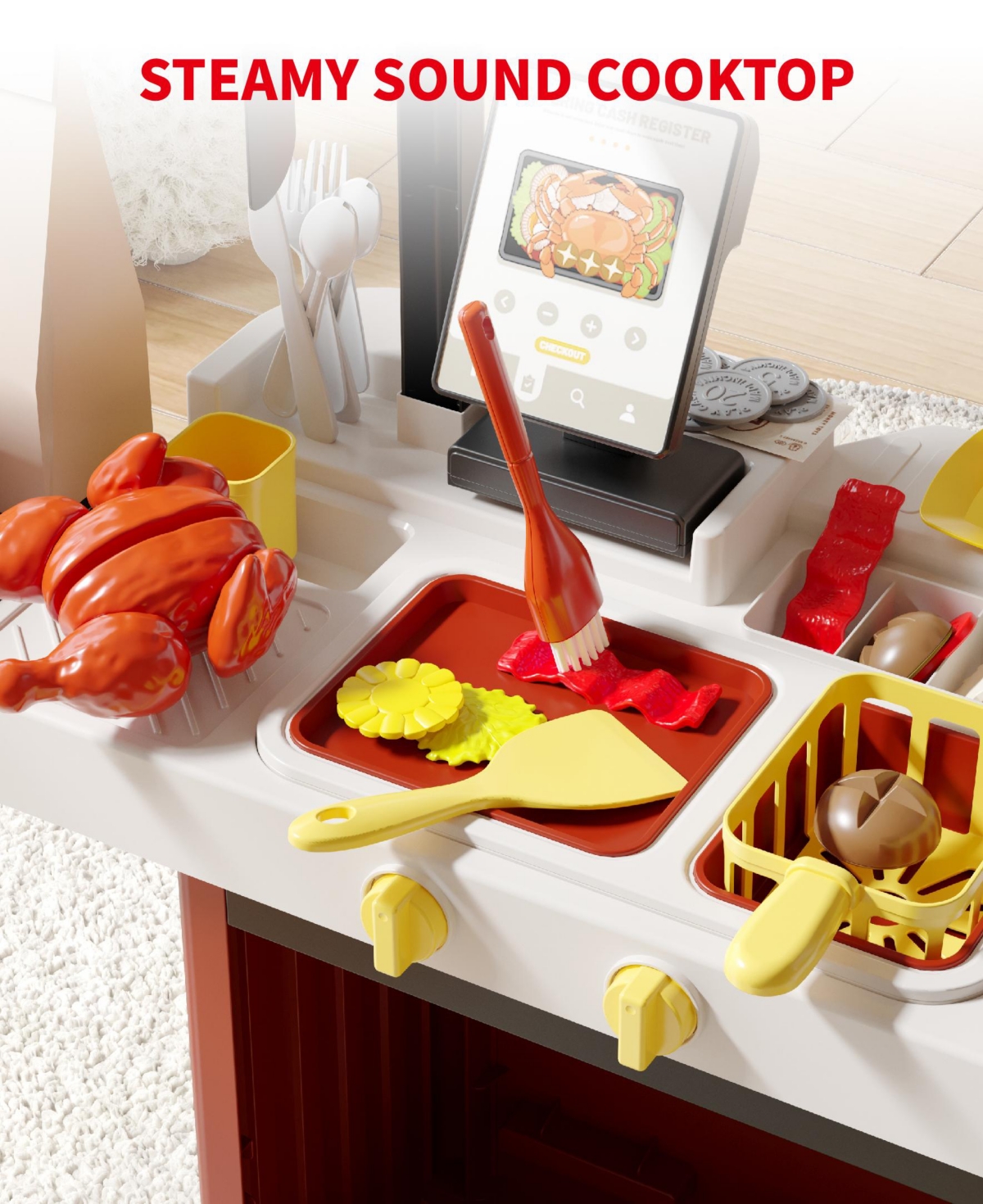82-Piece Kids Play Kitchen Set Fried Chicken Shop with Steam, Water Circulation Sink