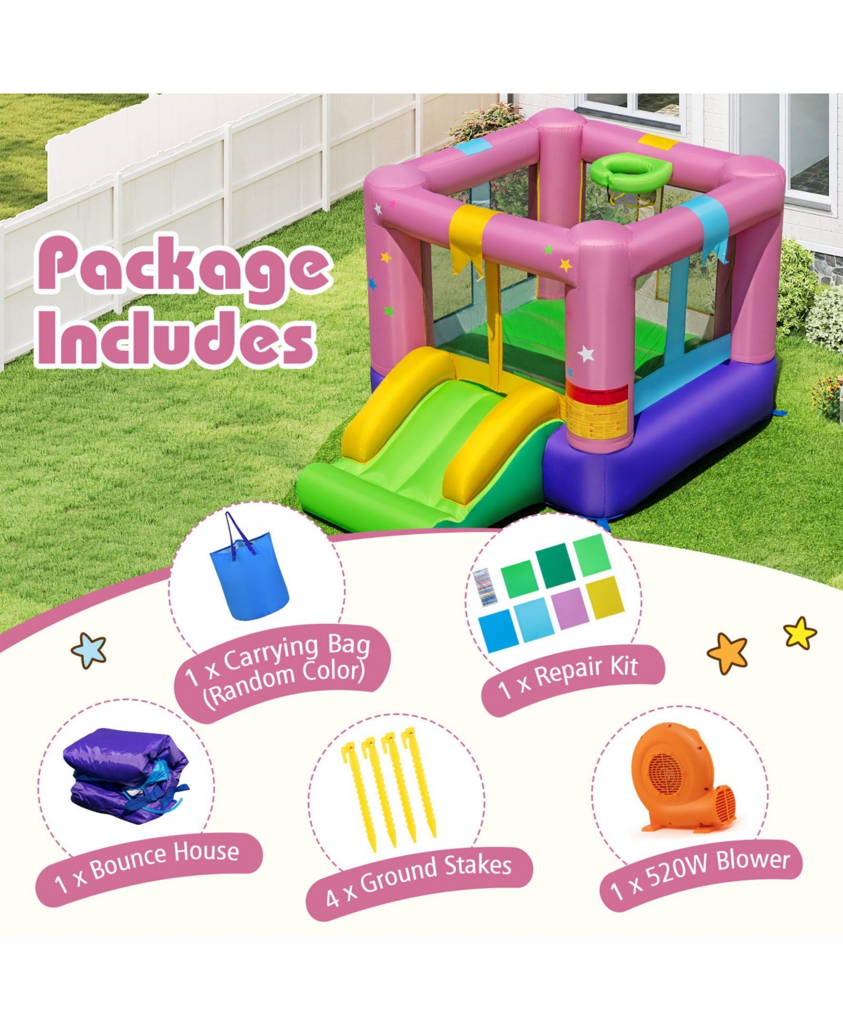 Sugift Bouncy Castle with Jumping Area and 520W Blower