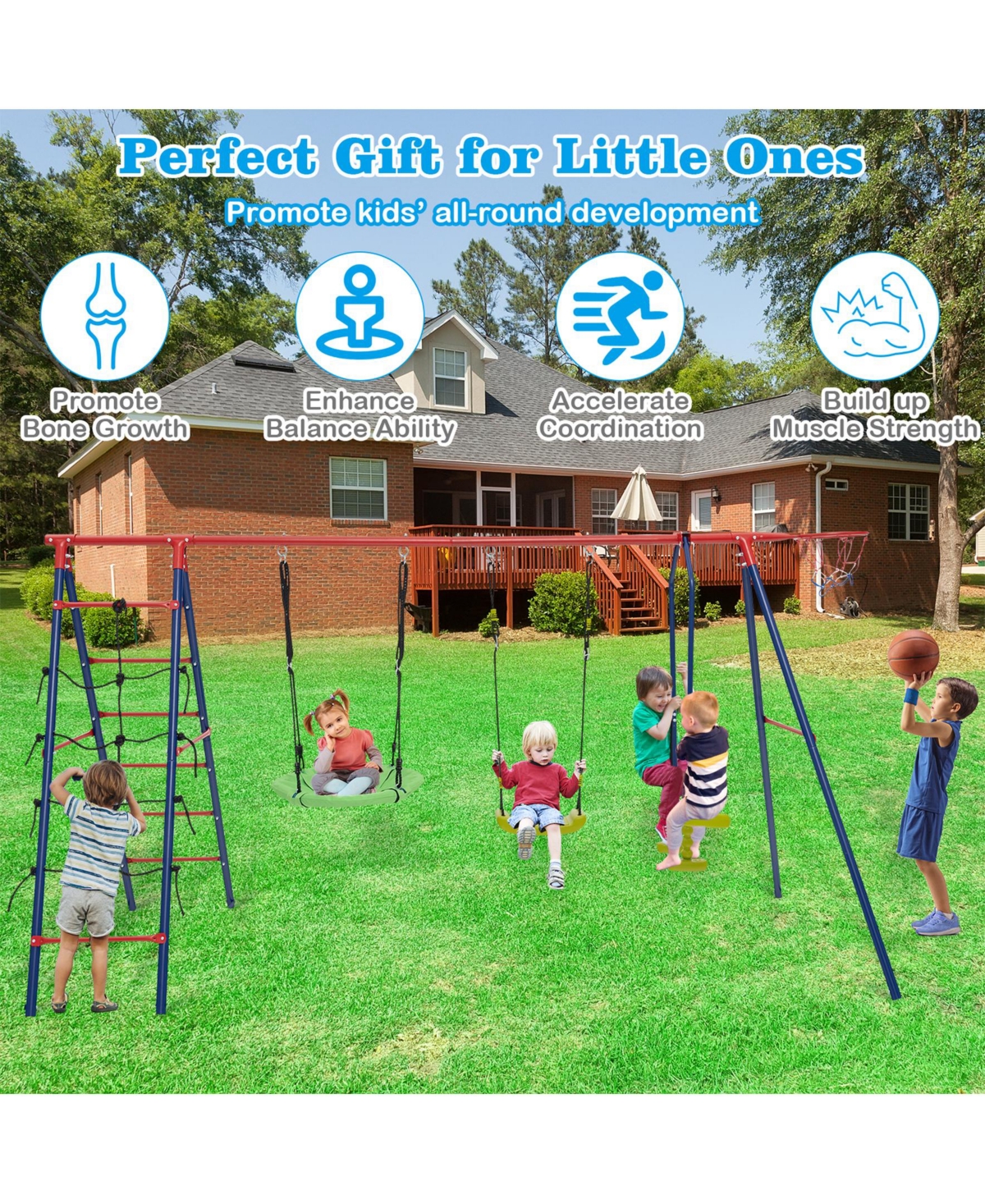 Sugift 550 Lbs 6-in-1 Patio Kids Swing Set with Climbing Net and Ladder-Red