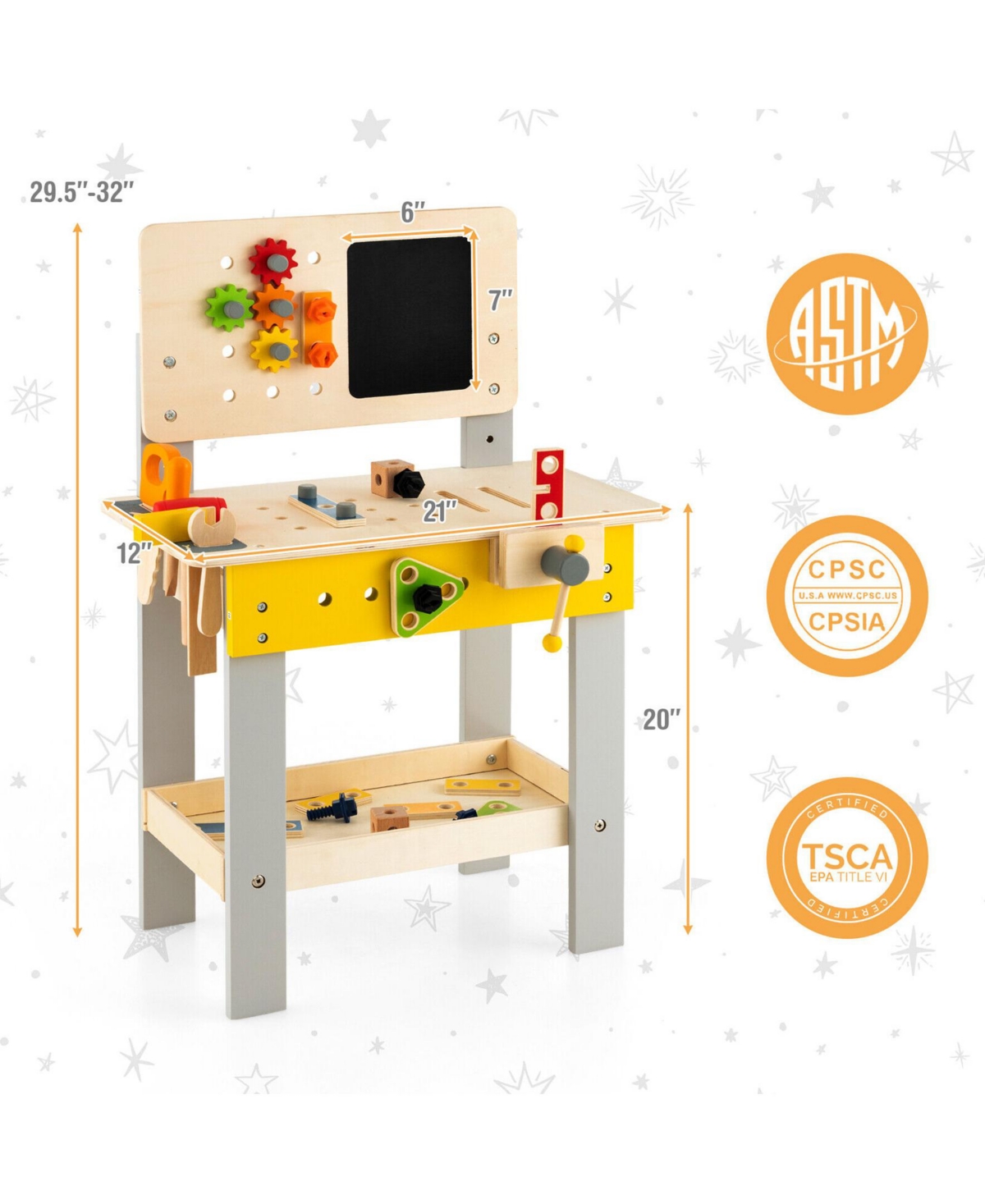 Sugift Wooden Pretend Play Workbench Set with Blackboard for Toddlers Ages 3+