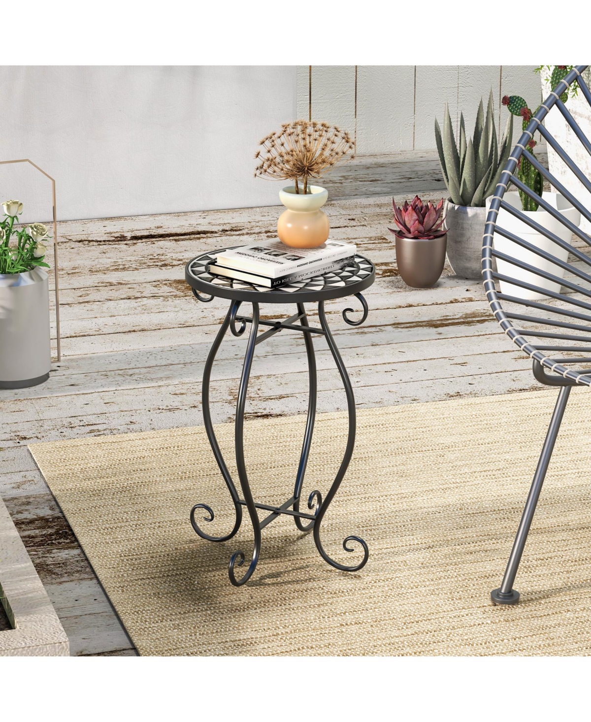 Sugift Small Plant Stand With Weather Resistant Ceramic Tile Tabletop.