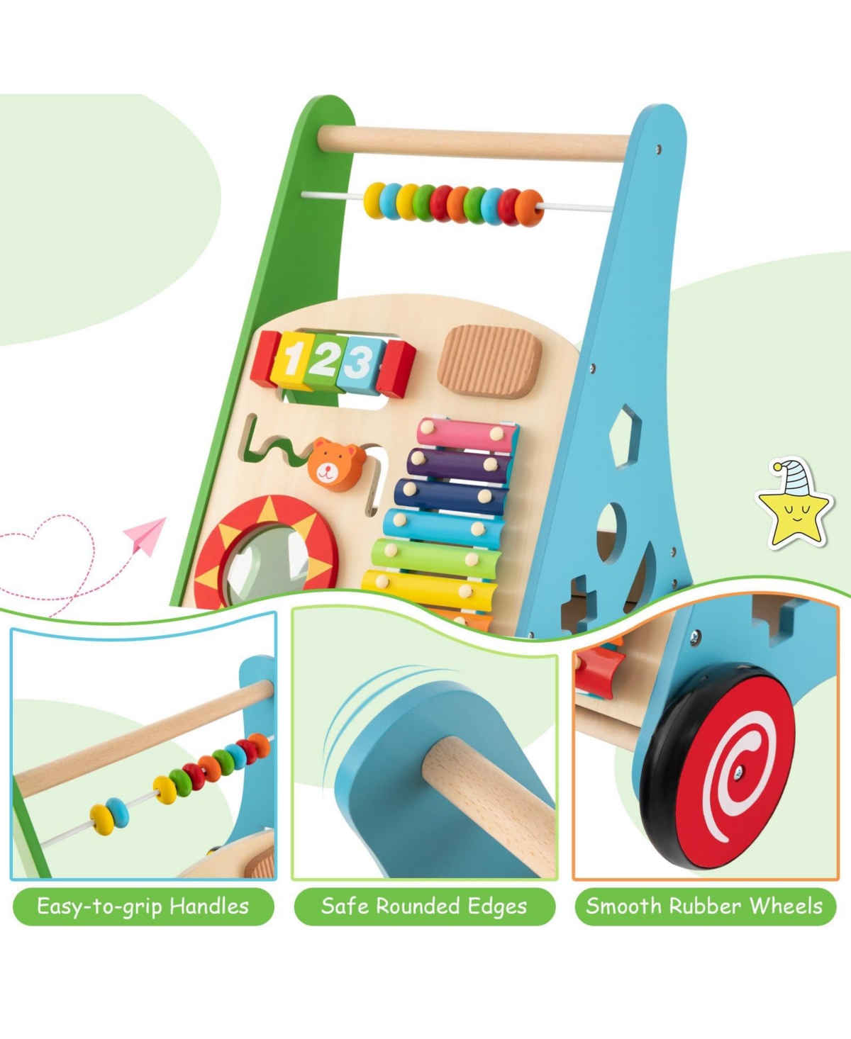Toddler Push Walker Activity Center Toy with Burr-free Handle