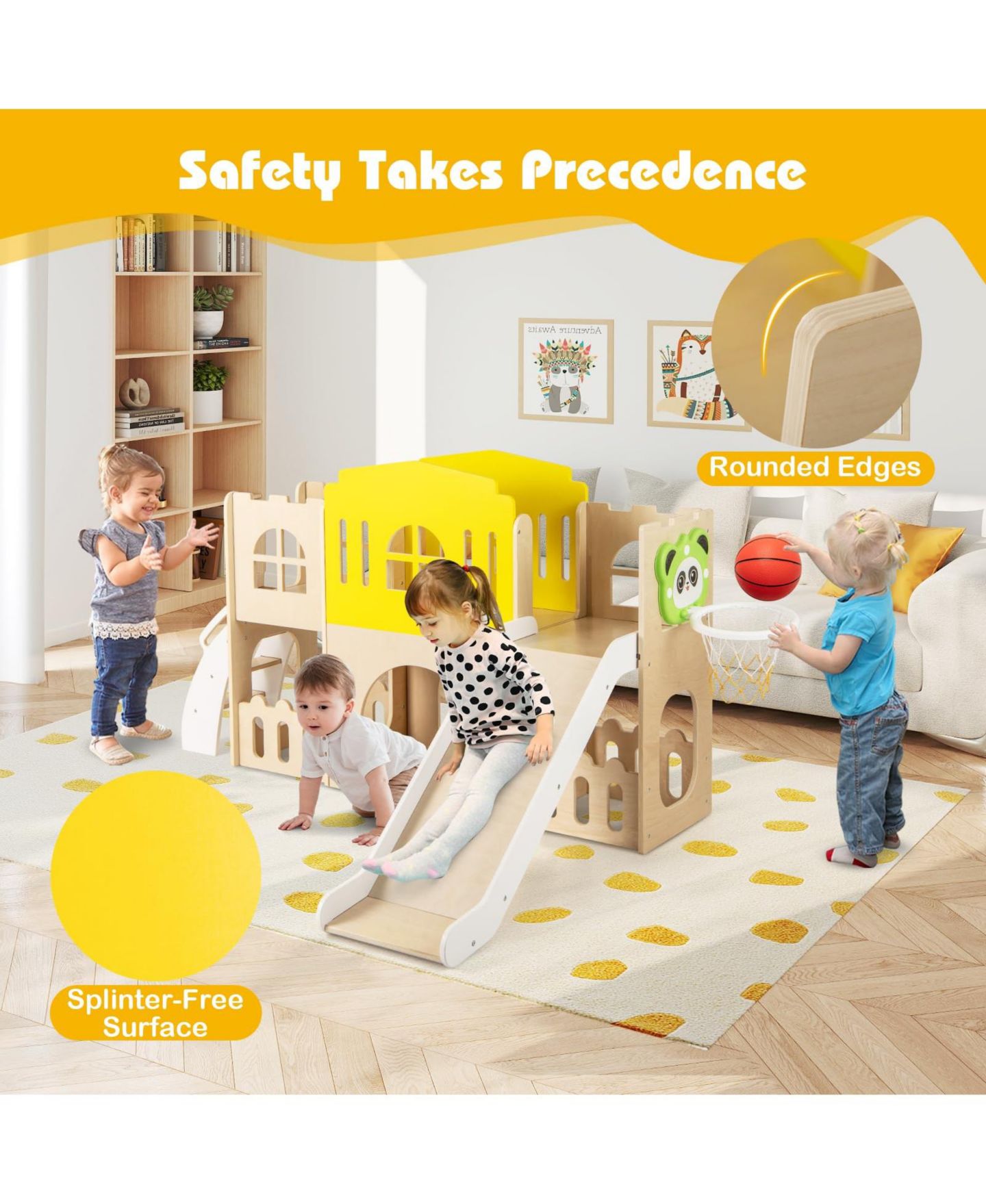 Детские игрушки Mecale 7-in-1 Toddler Wooden Slide Set with Climber and Basketball Hoop, Ages 1-5, цвет: Жёлтый — фото 7