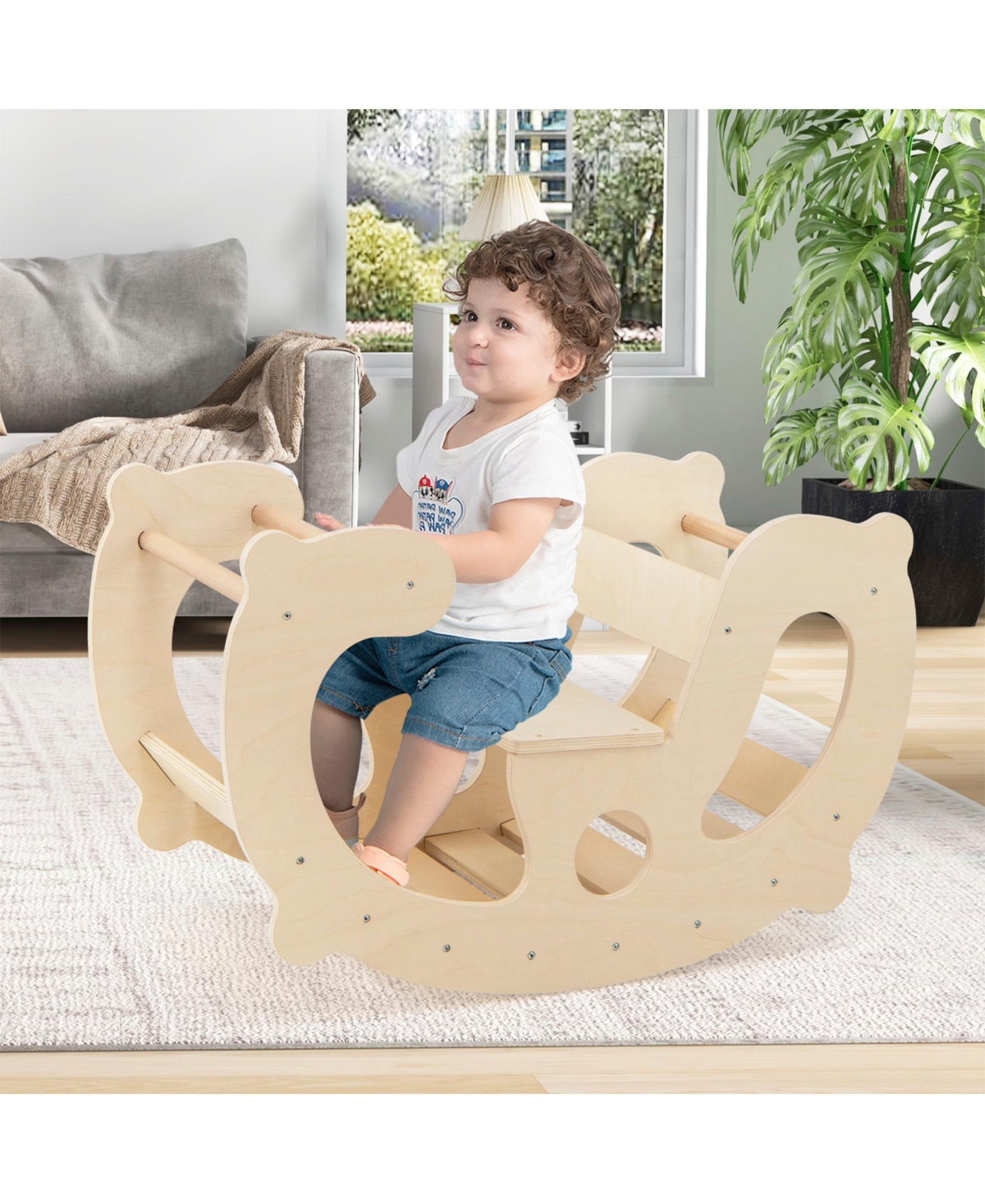 Sugift 2-in-1 Rocking Horse Arch for Kids Montessori Climbing Toys with Arch Climber-Natural