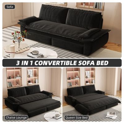 73.2" Queen Pull-Out Sofa Bed – 3-in-1 Convertible Velvet Sleeper with Chaise Lounge for Living or Guest Room
