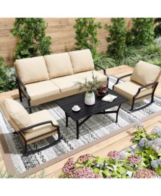 Outdoor Patio Furniture Set with Rocking Chair, 4 Piece Rattan Conversation Bistro Set with Coffee Table