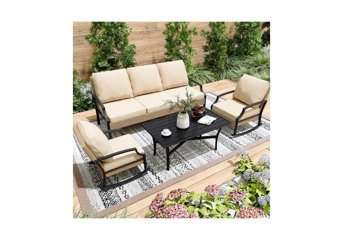Aecojoy Outdoor Patio Furniture Set with Rocking Chair, 4 Piece Rattan Conversation Bistro Set with Coffee Table