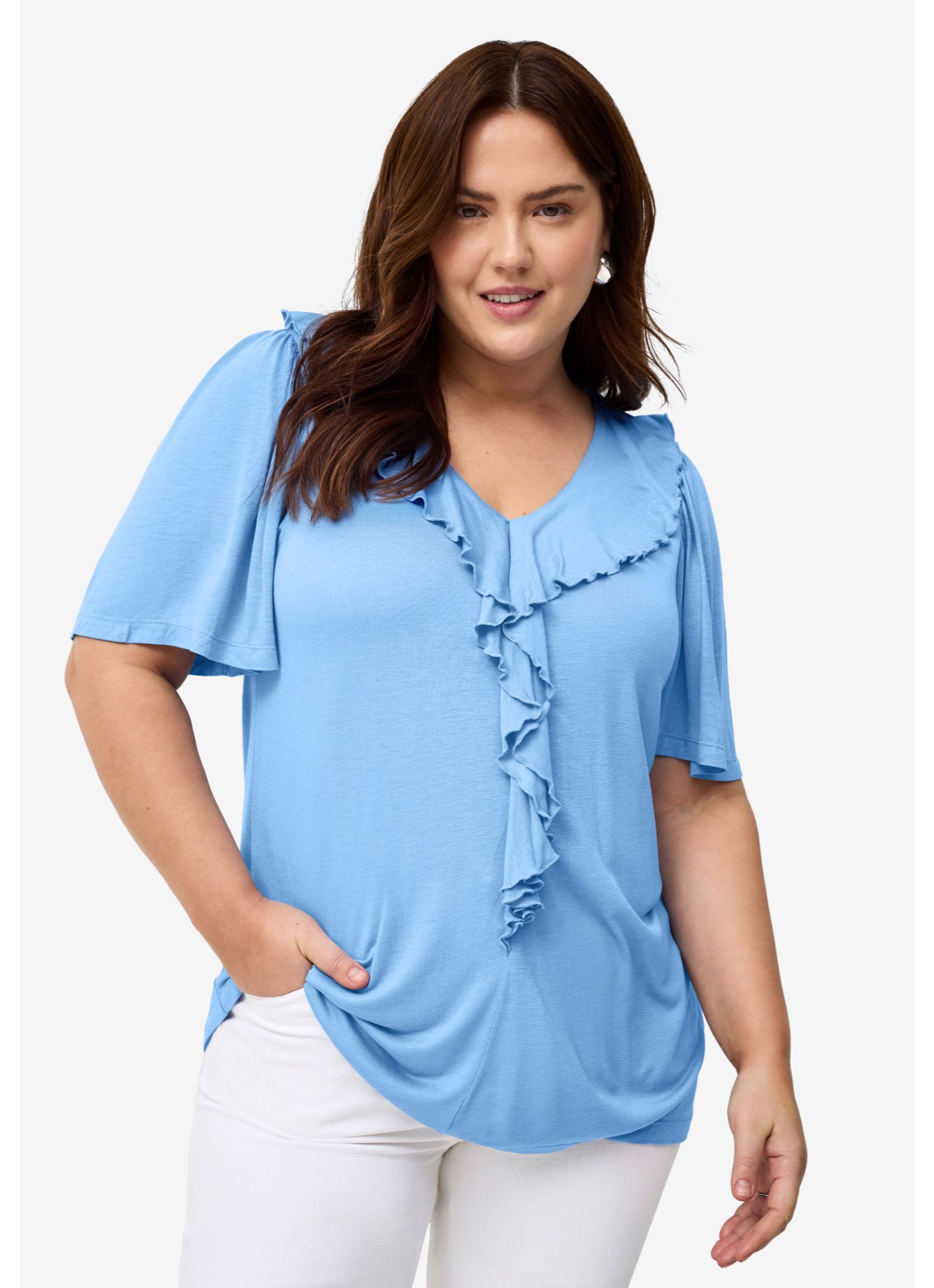 Женский топ ellos Ruffle Neckline Flutter Sleeve Tunic, цвет: Синий — фото 1