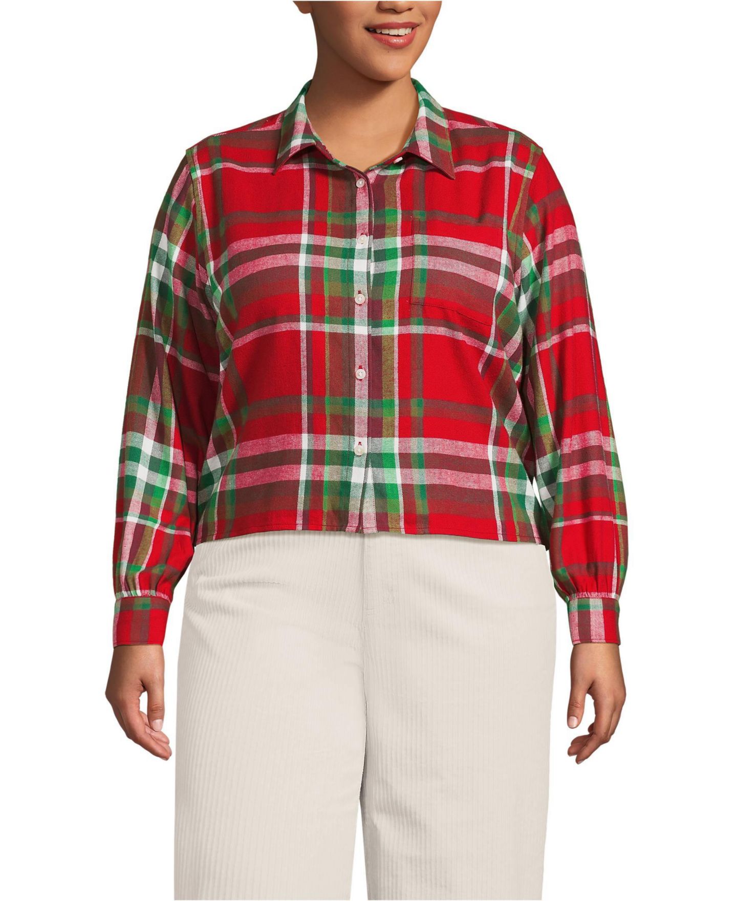 Женская рубашка Lands' End Plus Size Cropped Flannel, цвет: Красный / Изумрудный клетчатый — фото 1