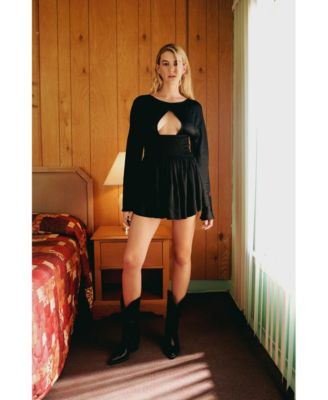 Women's Jet Black Long-Sleeve Deep V-Neck Mini Dress